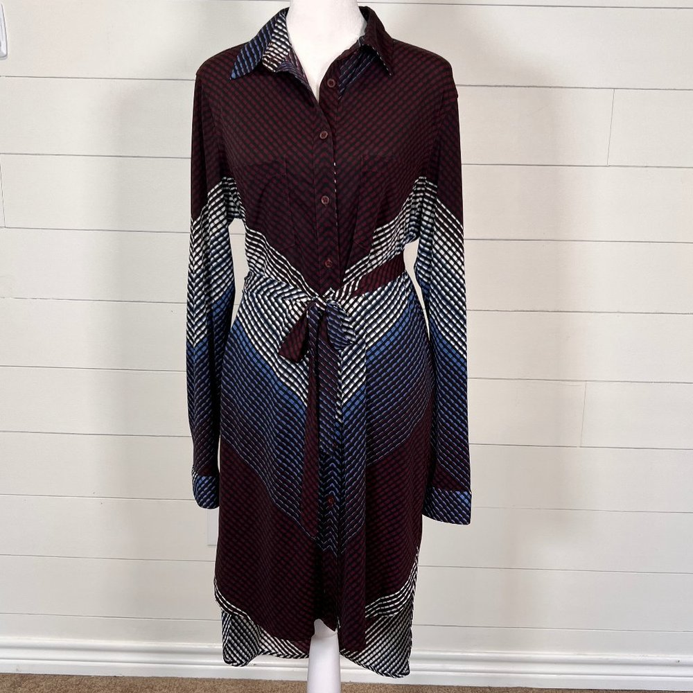 NYGARD Maroon Blue & White Asymmetrical Button Front Midi Shirt Dress Size M